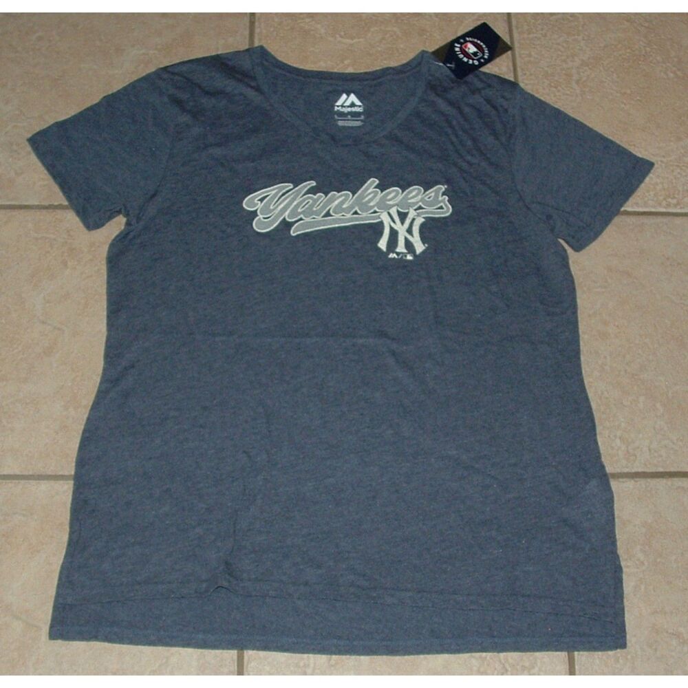 NEW NWT Womens Sz Large MLB NEW YORK YANKEES Blue Stretchy Tee Shirt MAJESTIC